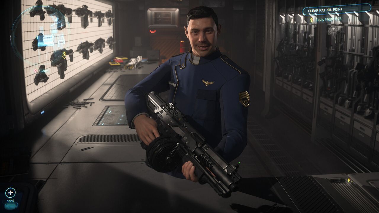 An official Squadron 42 screenshot showing a rack of rifles and sidearms