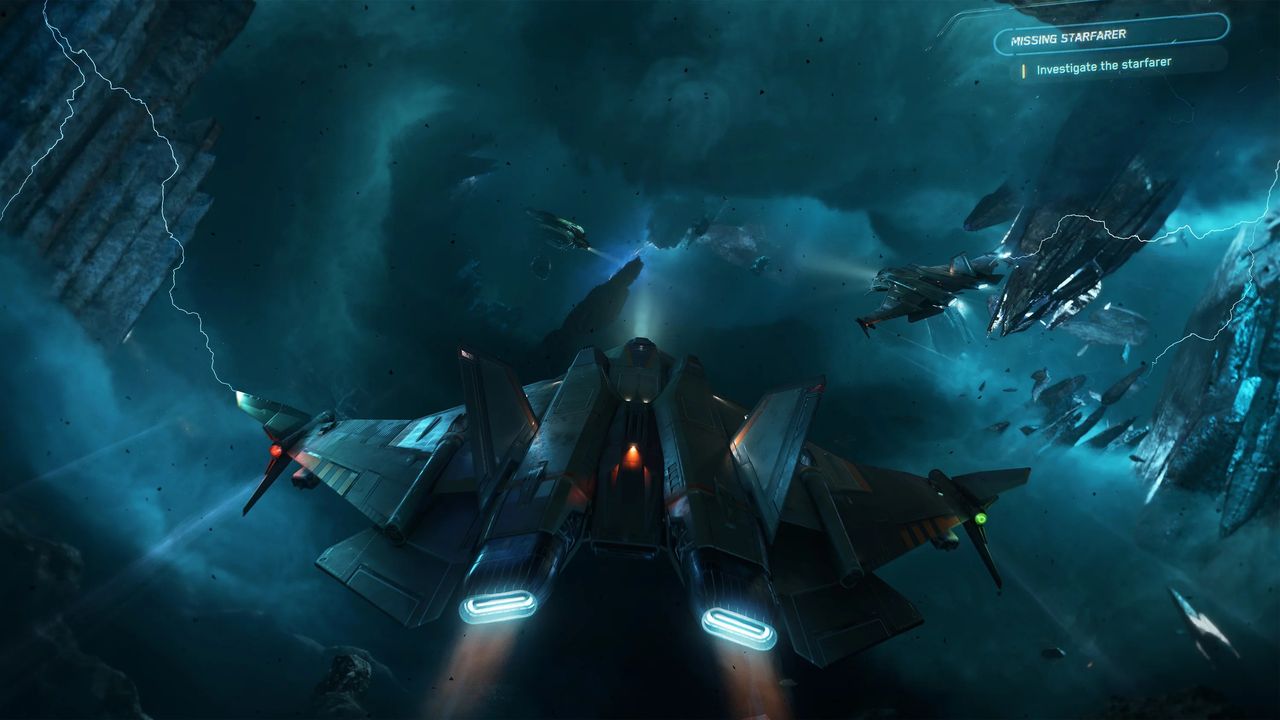 Two Gladius fighters cross a charged storm tunnel - official Squadron 42 media