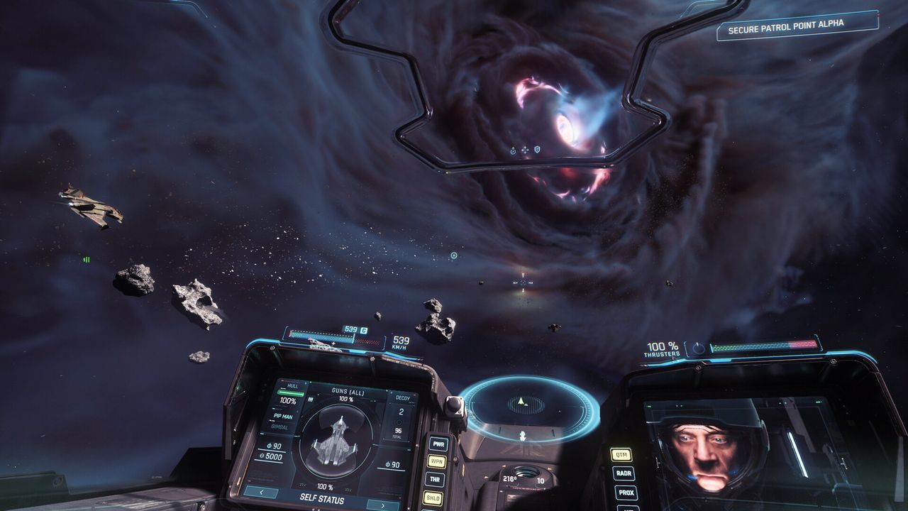 An official Squadron 42 screenshot of a fighter over a dark landscape