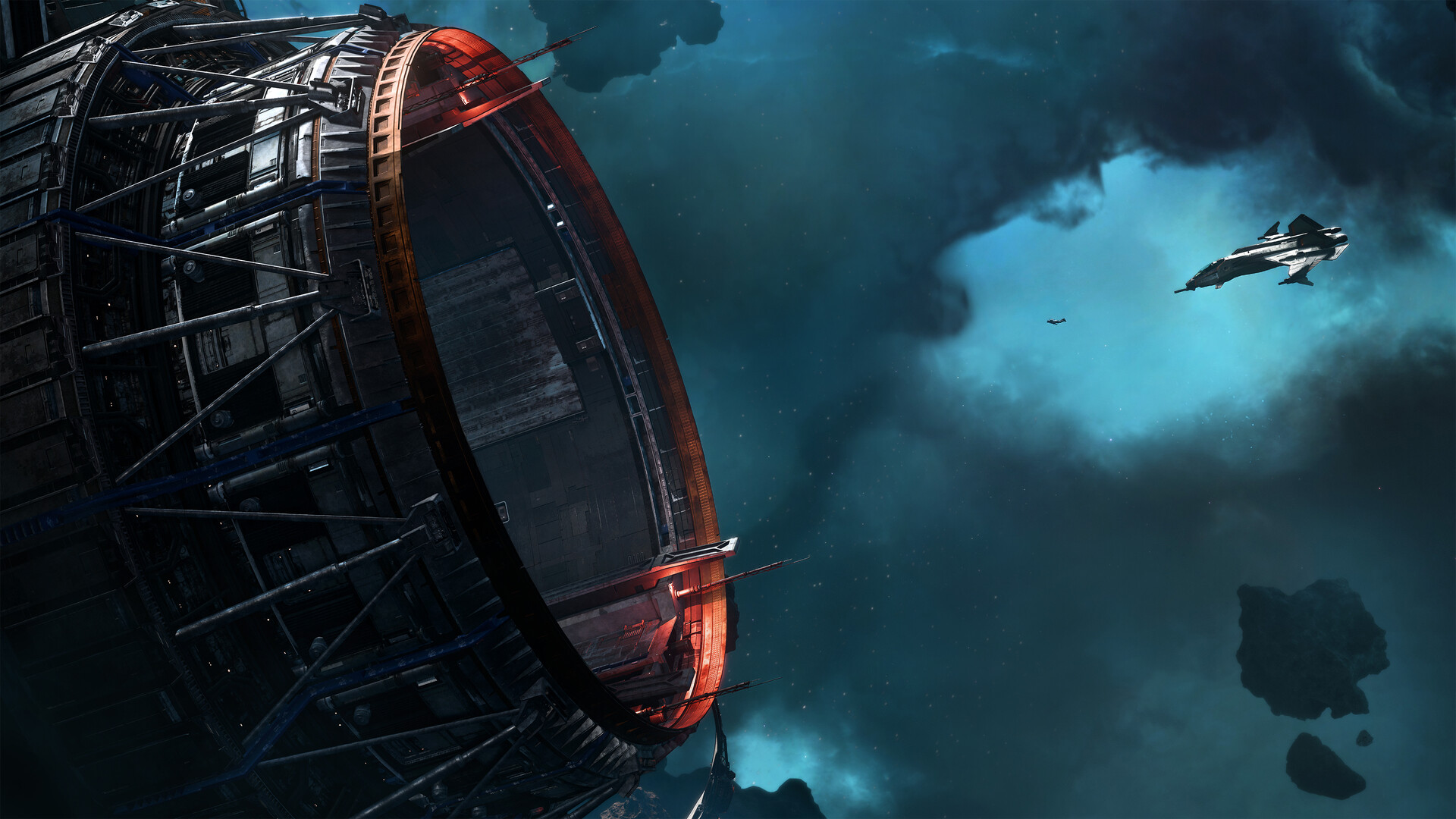 An official Squadron 42 screenshot of a ship approaching a station structure